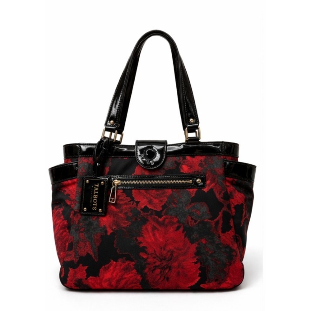 Talbots Black Red Floral Fabric Shoulder Tote Black Faux Patent Leather Trim